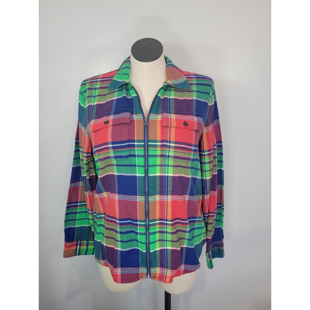 Chaps Denim Womens Plaid Full Zip Flannel Shirt Jacket XL Green Red Blue‎